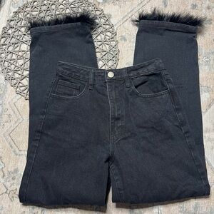 Nasty Gal Black Straight Jeans with Faux Fur Detail